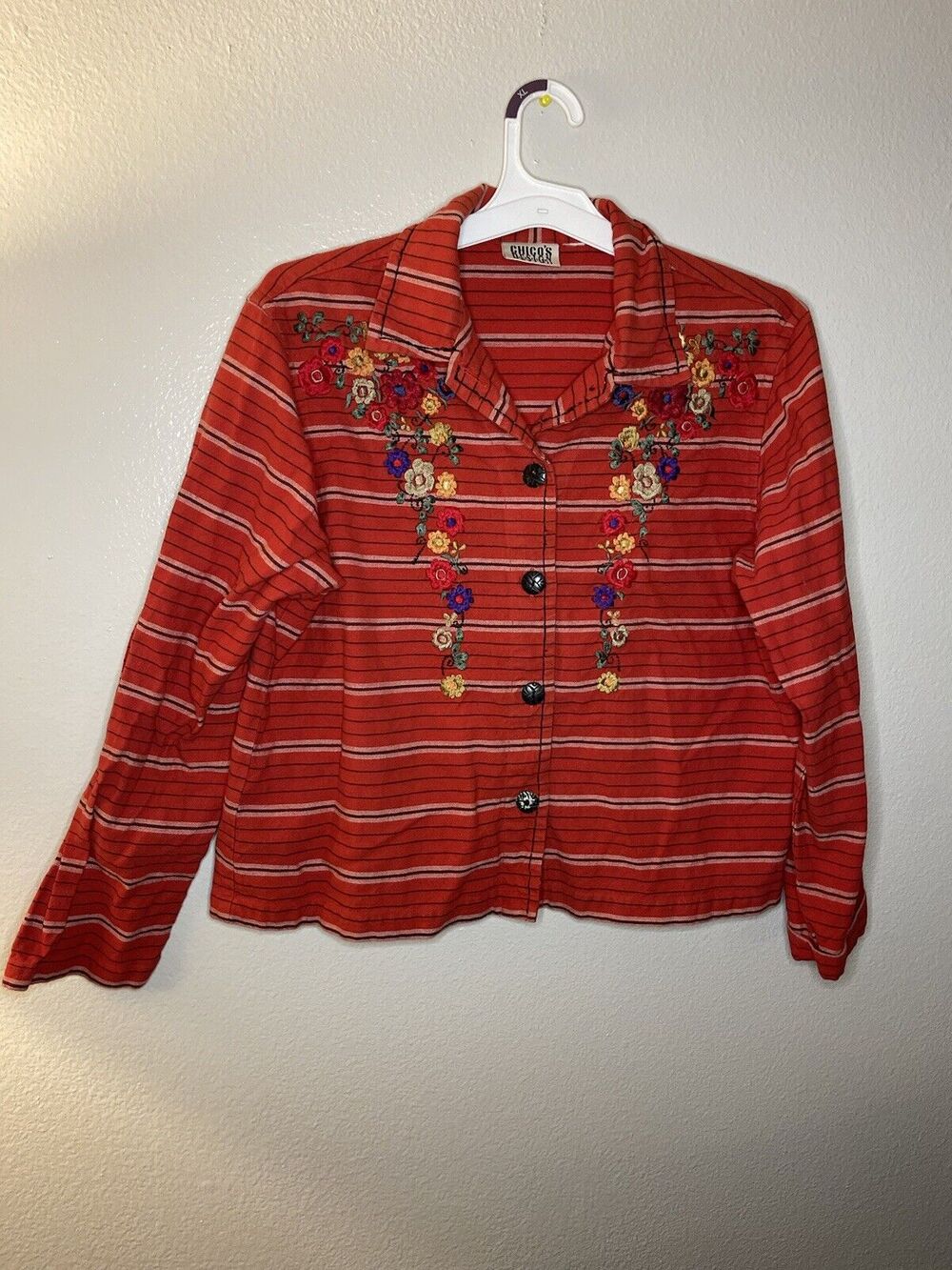 Vintage Chicos Design Red Jacket Embroidered Cardigan Floral Boho Western Button
